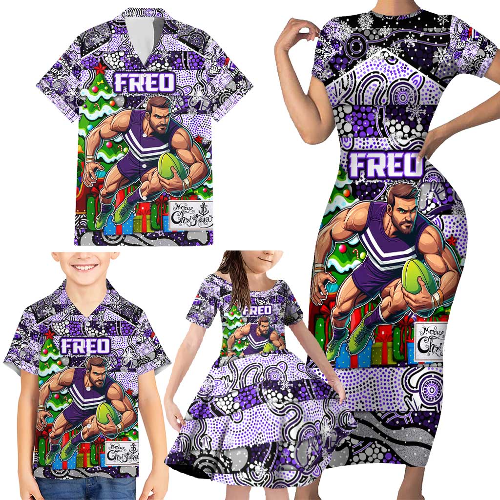 Custom Freo Rugby Merry Christmas Family Matching Short Sleeve Bodycon Dress and Hawaiian Shirt Indigenous Australian Art