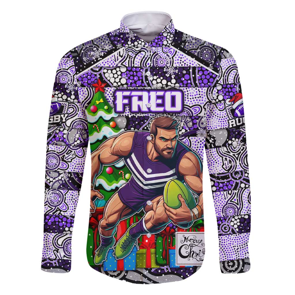 Custom Freo Rugby Merry Christmas Family Matching Short Sleeve Bodycon Dress and Hawaiian Shirt Indigenous Australian Art