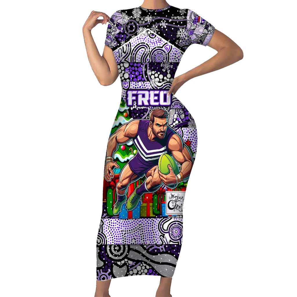 Custom Freo Rugby Merry Christmas Family Matching Short Sleeve Bodycon Dress and Hawaiian Shirt Indigenous Australian Art