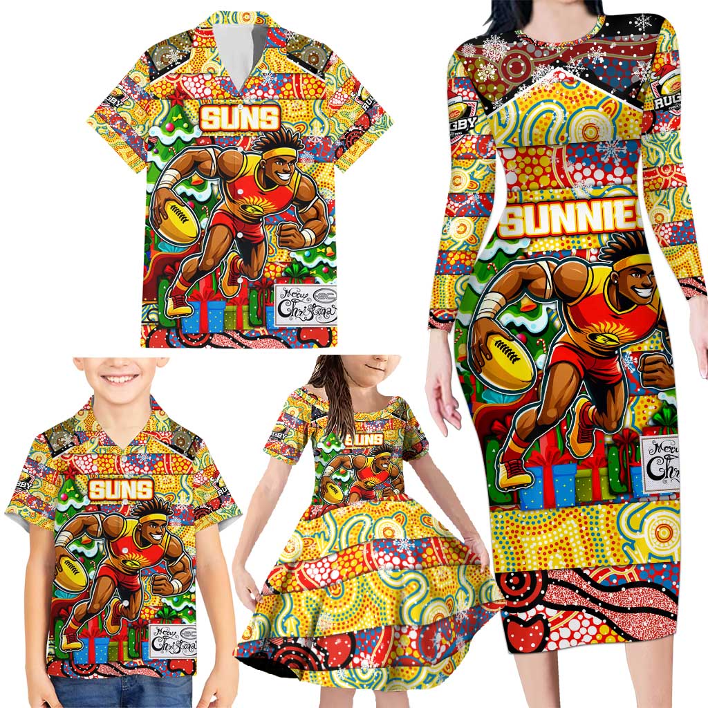 Custom Suns Rugby Merry Christmas Family Matching Long Sleeve Bodycon Dress and Hawaiian Shirt Indigenous Australian Art