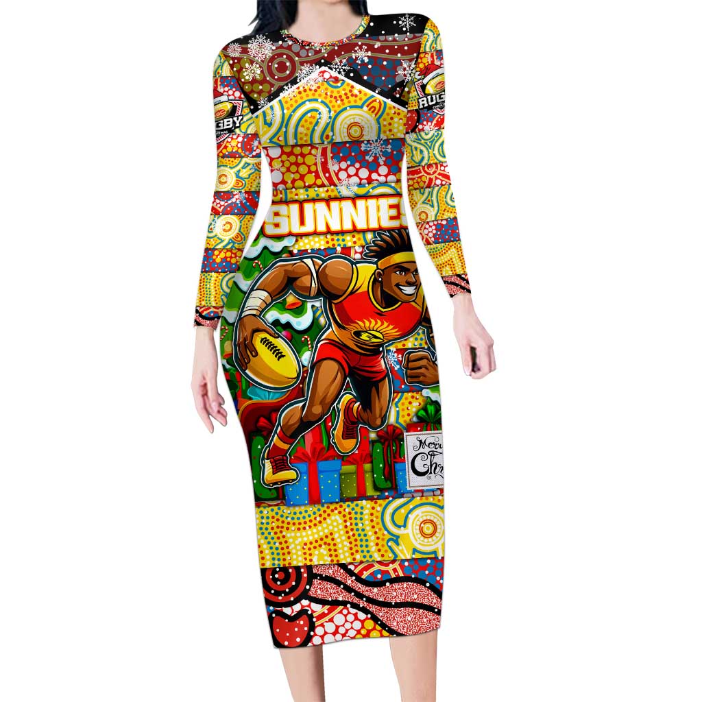 Custom Suns Rugby Merry Christmas Family Matching Long Sleeve Bodycon Dress and Hawaiian Shirt Indigenous Australian Art