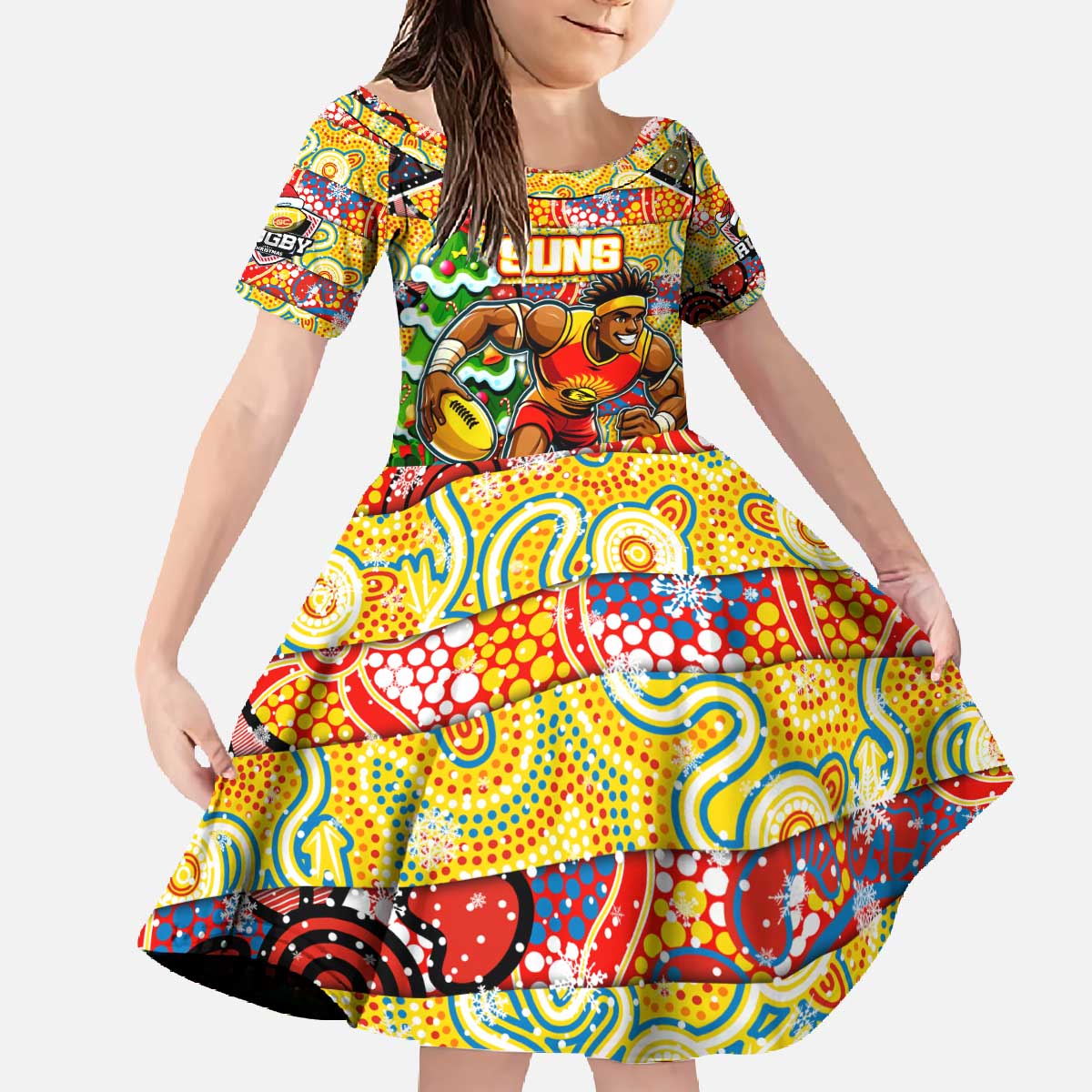 Custom Suns Rugby Merry Christmas Family Matching Off The Shoulder Long Sleeve Dress and Hawaiian Shirt Indigenous Australian Art