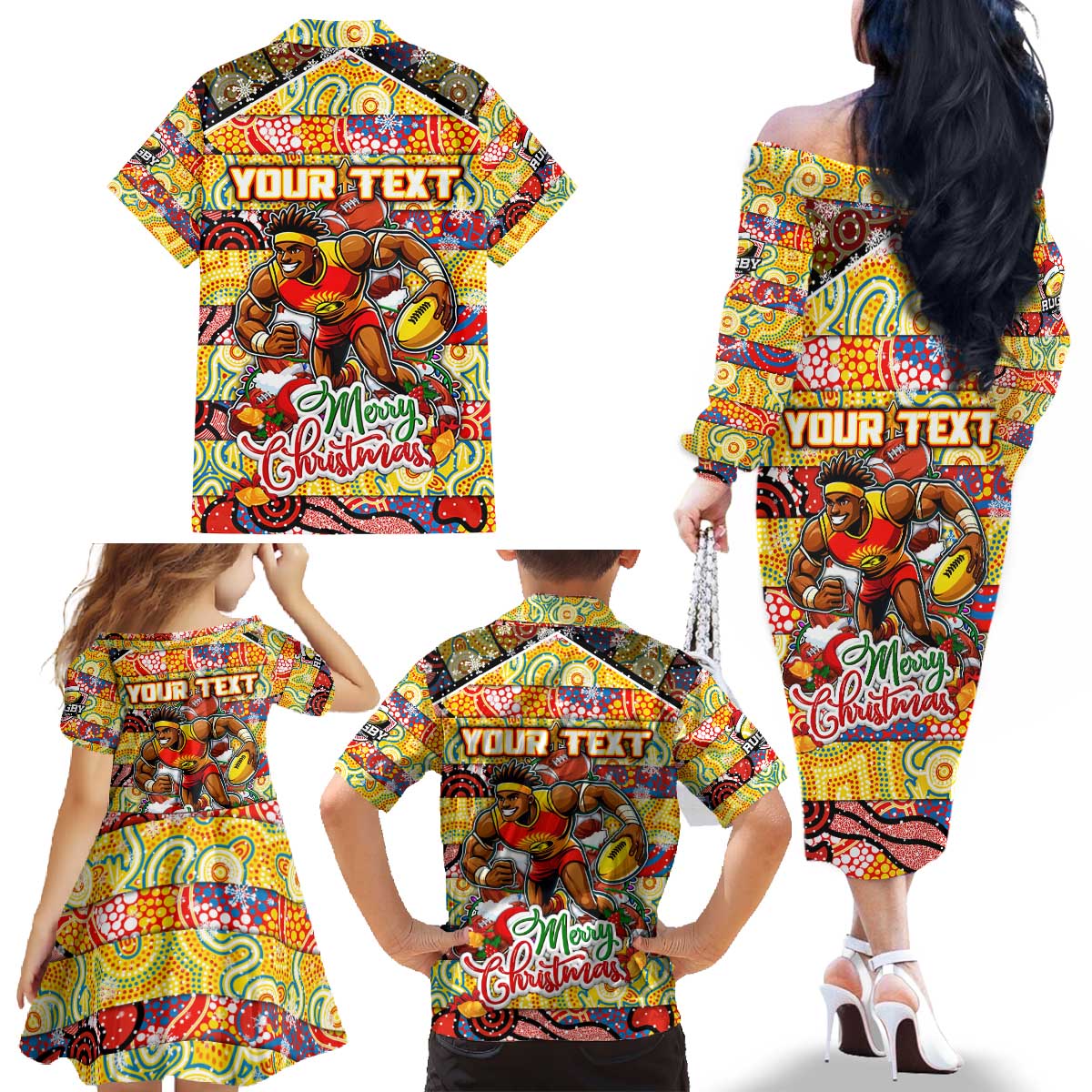 Custom Suns Rugby Merry Christmas Family Matching Off The Shoulder Long Sleeve Dress and Hawaiian Shirt Indigenous Australian Art