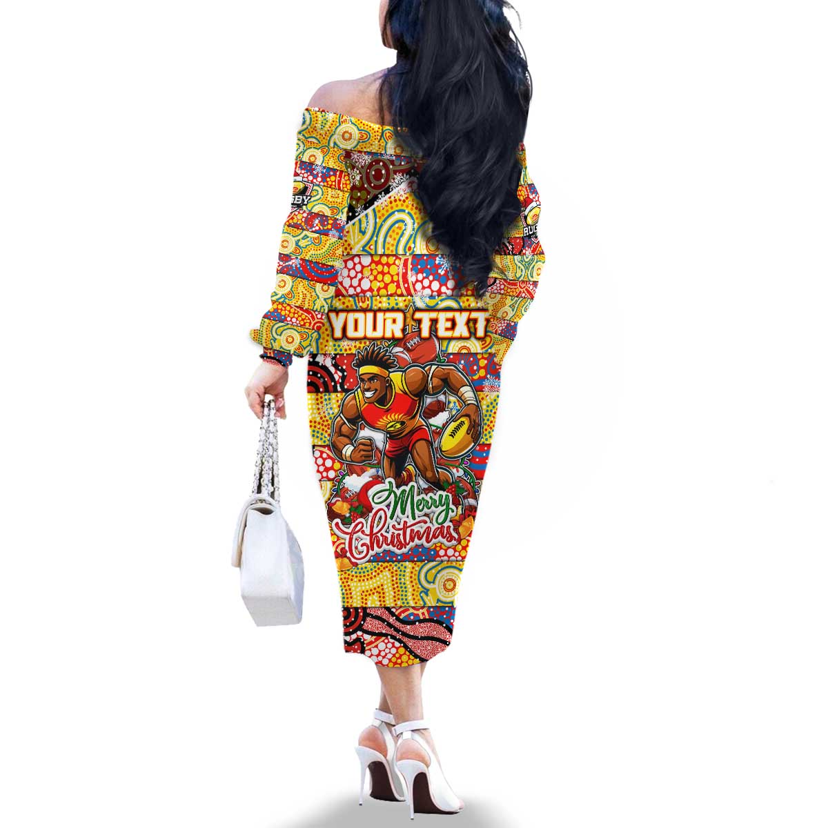 Custom Suns Rugby Merry Christmas Family Matching Off The Shoulder Long Sleeve Dress and Hawaiian Shirt Indigenous Australian Art