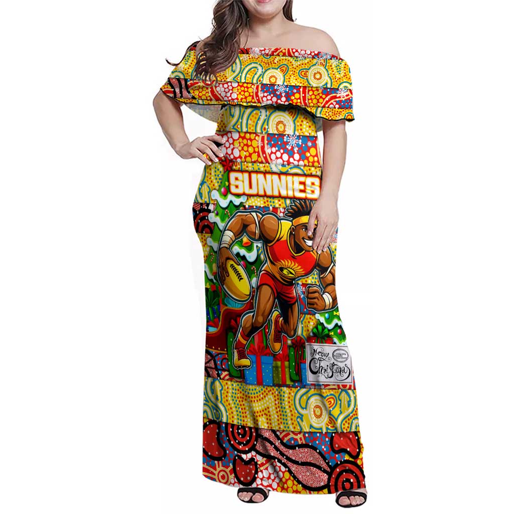 Custom Suns Rugby Merry Christmas Family Matching Off Shoulder Maxi Dress and Hawaiian Shirt Indigenous Australian Art