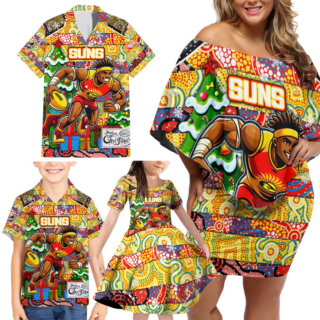 Custom Suns Rugby Merry Christmas Family Matching Off Shoulder Short Dress and Hawaiian Shirt Indigenous Australian Art