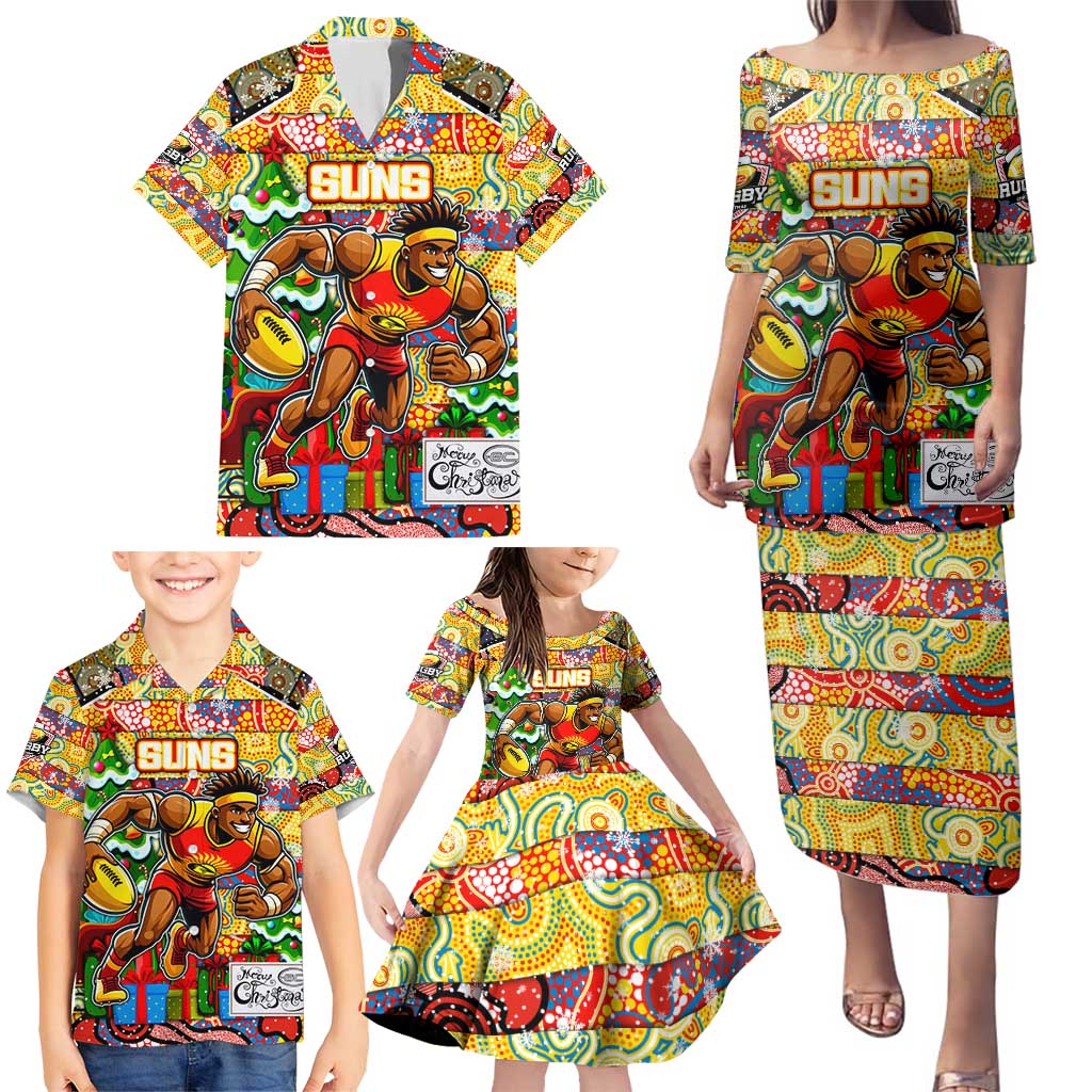 Custom Suns Rugby Merry Christmas Family Matching Puletasi and Hawaiian Shirt Indigenous Australian Art