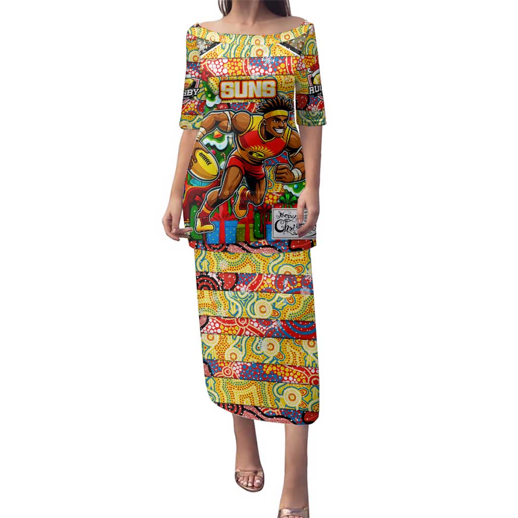 Custom Suns Rugby Merry Christmas Family Matching Puletasi and Hawaiian Shirt Indigenous Australian Art