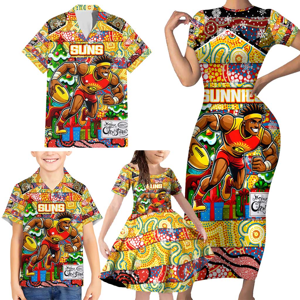 Custom Suns Rugby Merry Christmas Family Matching Short Sleeve Bodycon Dress and Hawaiian Shirt Indigenous Australian Art