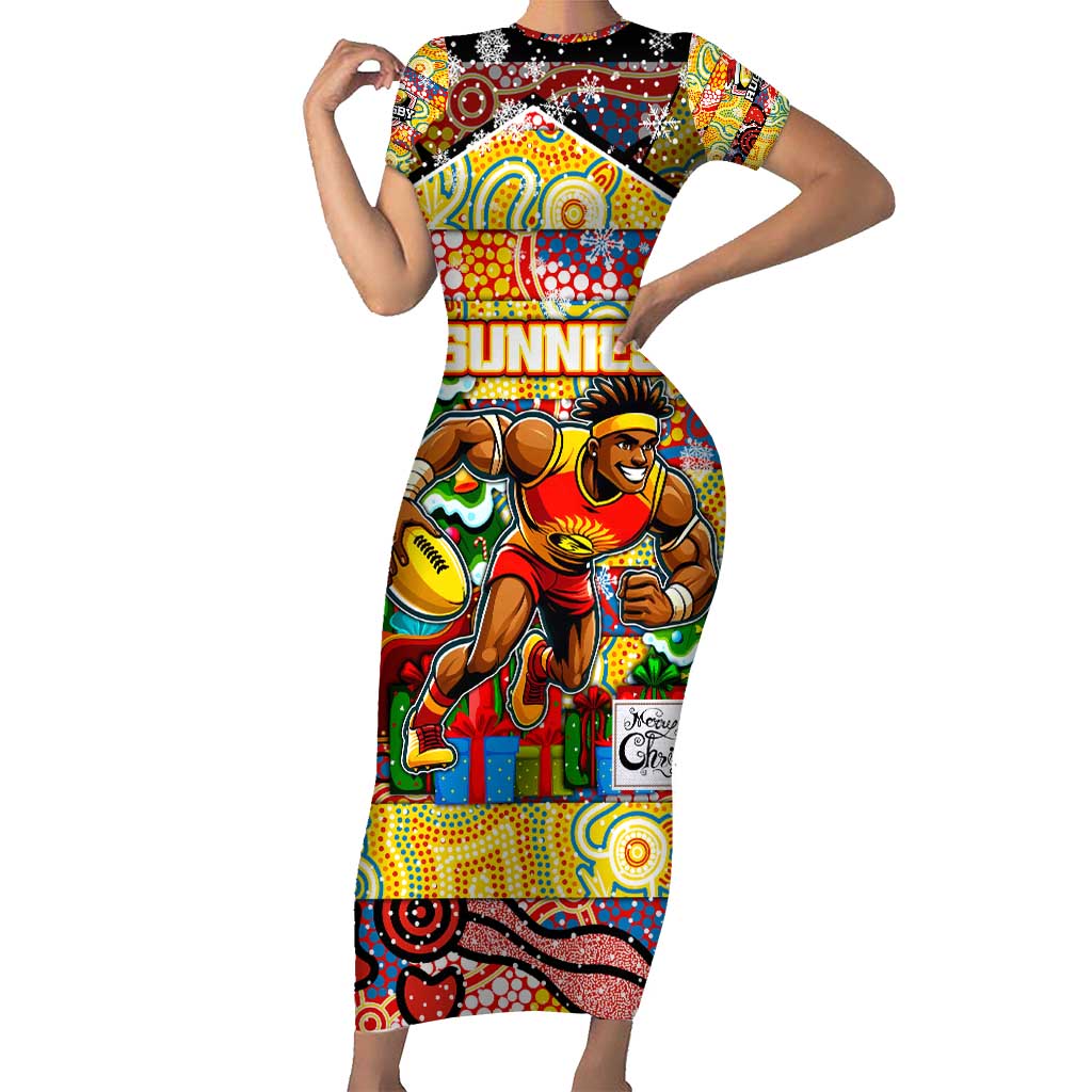 Custom Suns Rugby Merry Christmas Family Matching Short Sleeve Bodycon Dress and Hawaiian Shirt Indigenous Australian Art