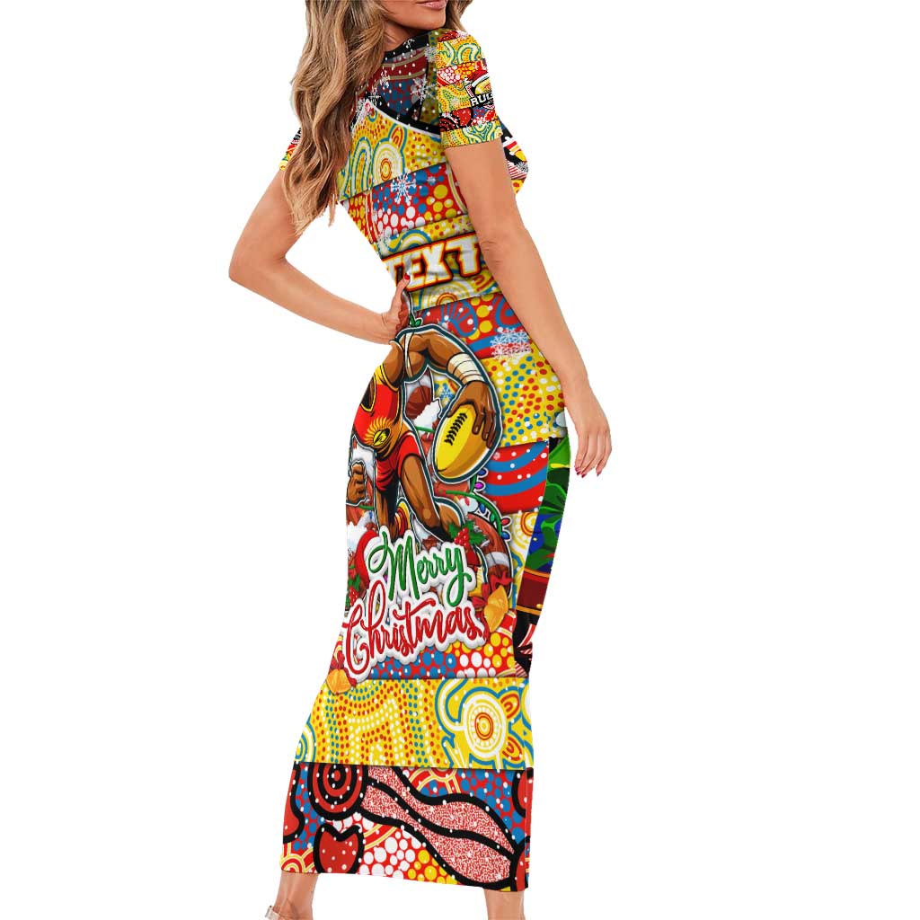 Custom Suns Rugby Merry Christmas Family Matching Short Sleeve Bodycon Dress and Hawaiian Shirt Indigenous Australian Art