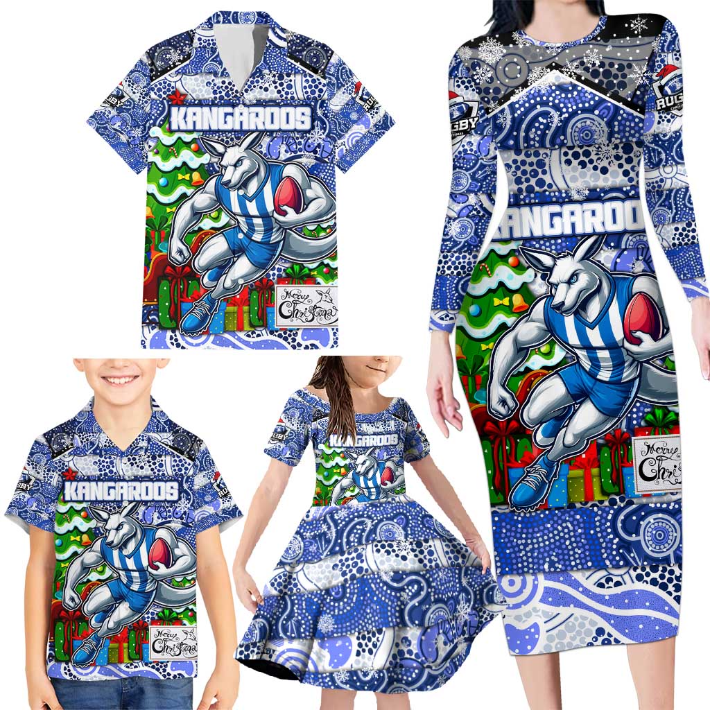 Custom Kangaroos Rugby Merry Christmas Family Matching Long Sleeve Bodycon Dress and Hawaiian Shirt Indigenous Australian Art