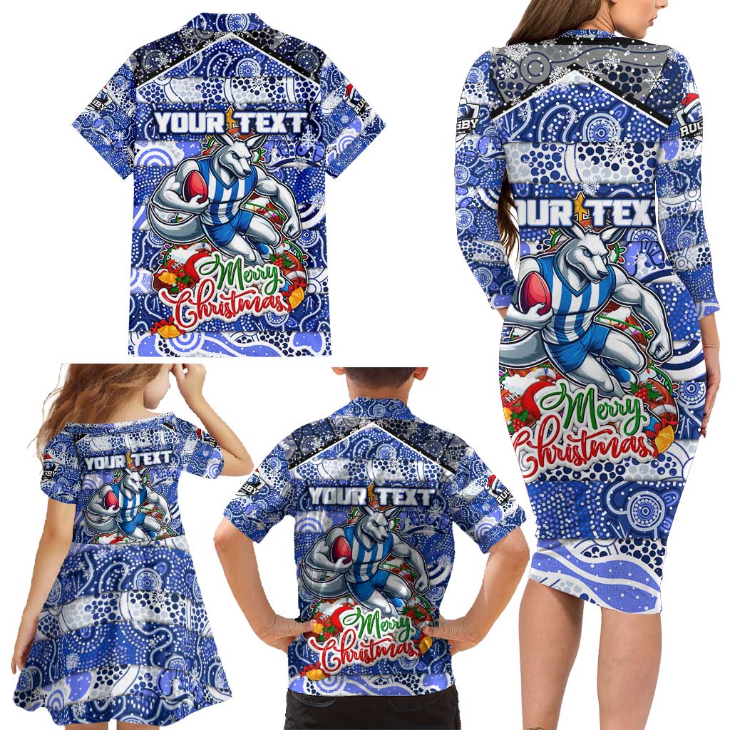Custom Kangaroos Rugby Merry Christmas Family Matching Long Sleeve Bodycon Dress and Hawaiian Shirt Indigenous Australian Art