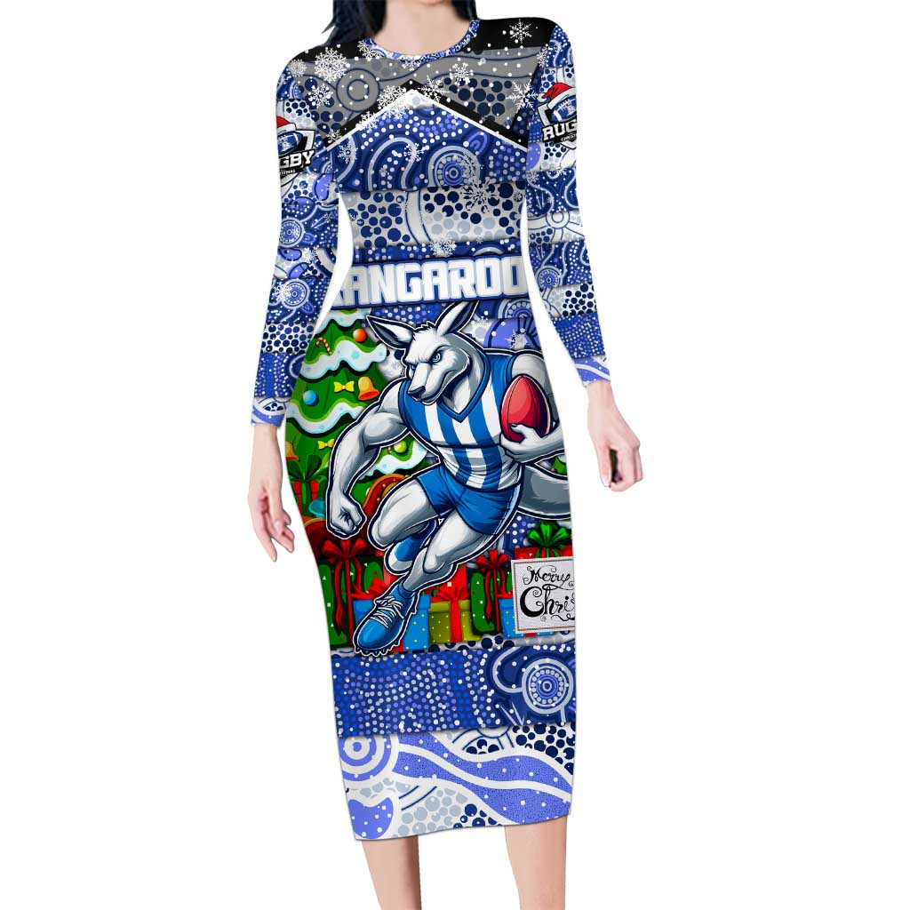 Custom Kangaroos Rugby Merry Christmas Family Matching Long Sleeve Bodycon Dress and Hawaiian Shirt Indigenous Australian Art
