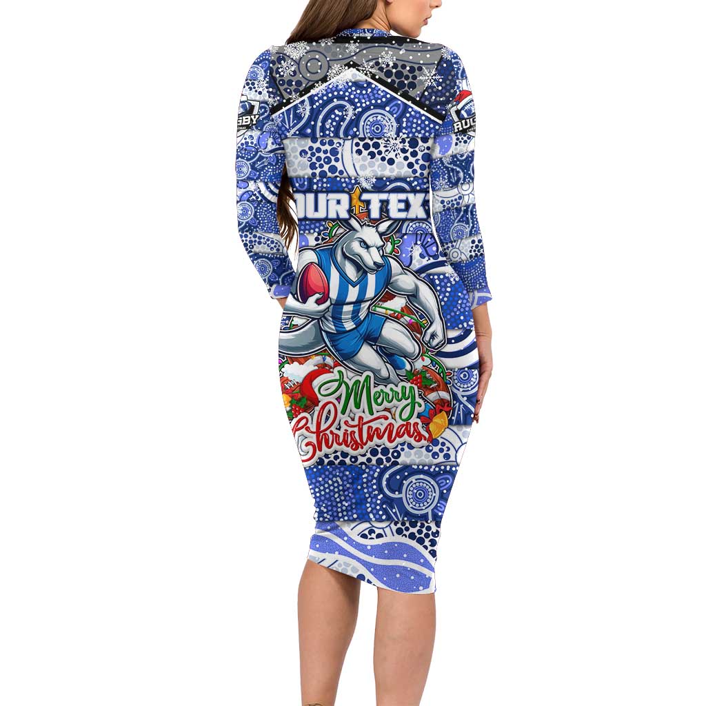 Custom Kangaroos Rugby Merry Christmas Family Matching Long Sleeve Bodycon Dress and Hawaiian Shirt Indigenous Australian Art