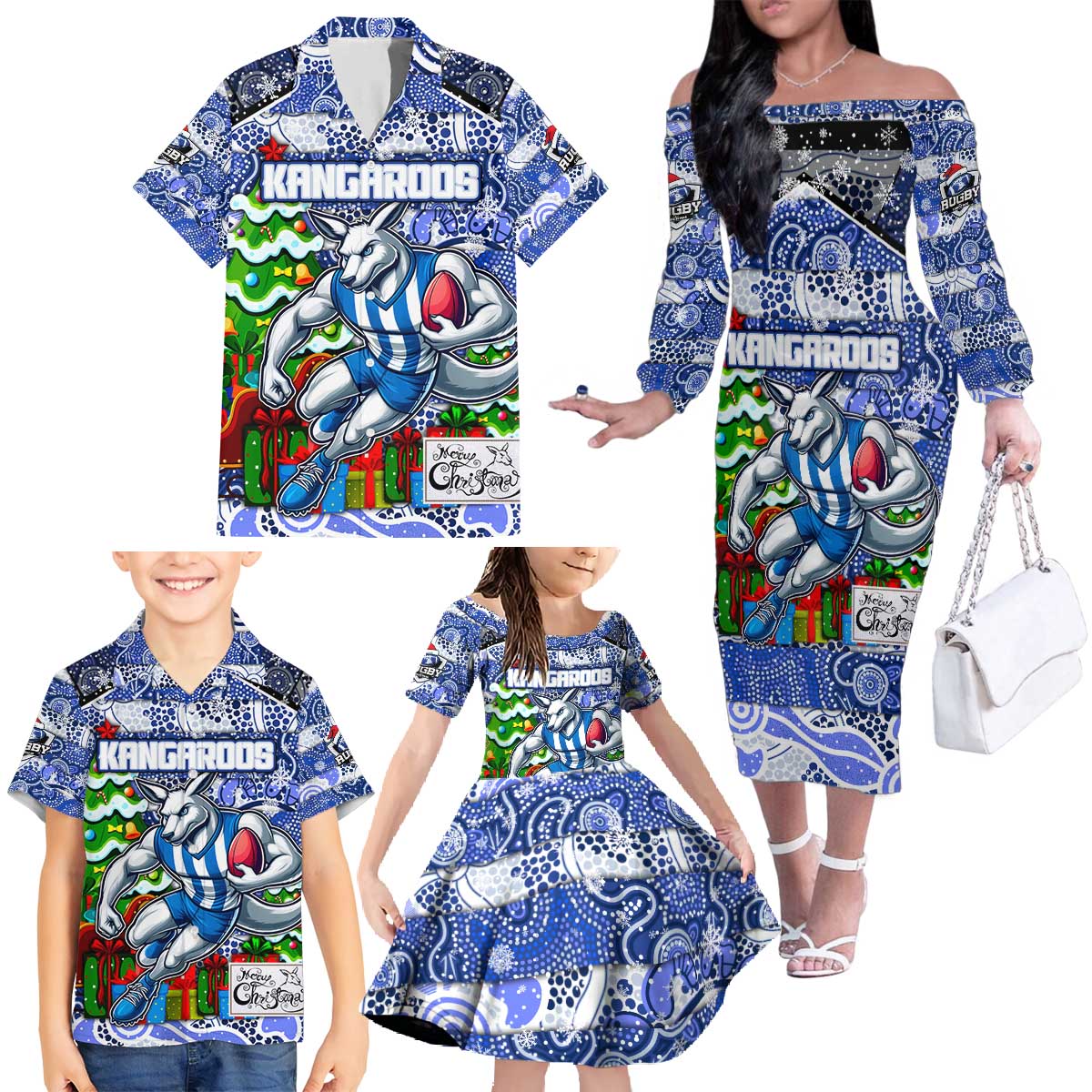 Custom Kangaroos Rugby Merry Christmas Family Matching Off The Shoulder Long Sleeve Dress and Hawaiian Shirt Indigenous Australian Art