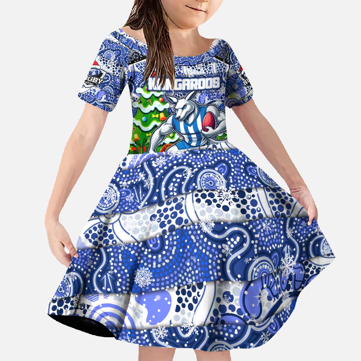 Custom Kangaroos Rugby Merry Christmas Family Matching Off The Shoulder Long Sleeve Dress and Hawaiian Shirt Indigenous Australian Art