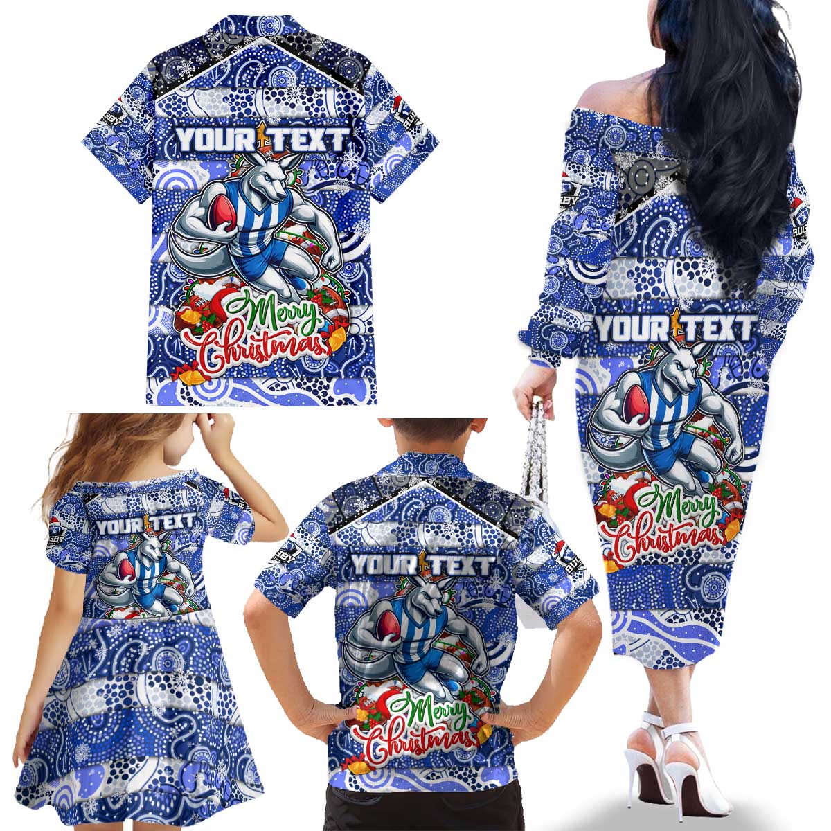 Custom Kangaroos Rugby Merry Christmas Family Matching Off The Shoulder Long Sleeve Dress and Hawaiian Shirt Indigenous Australian Art