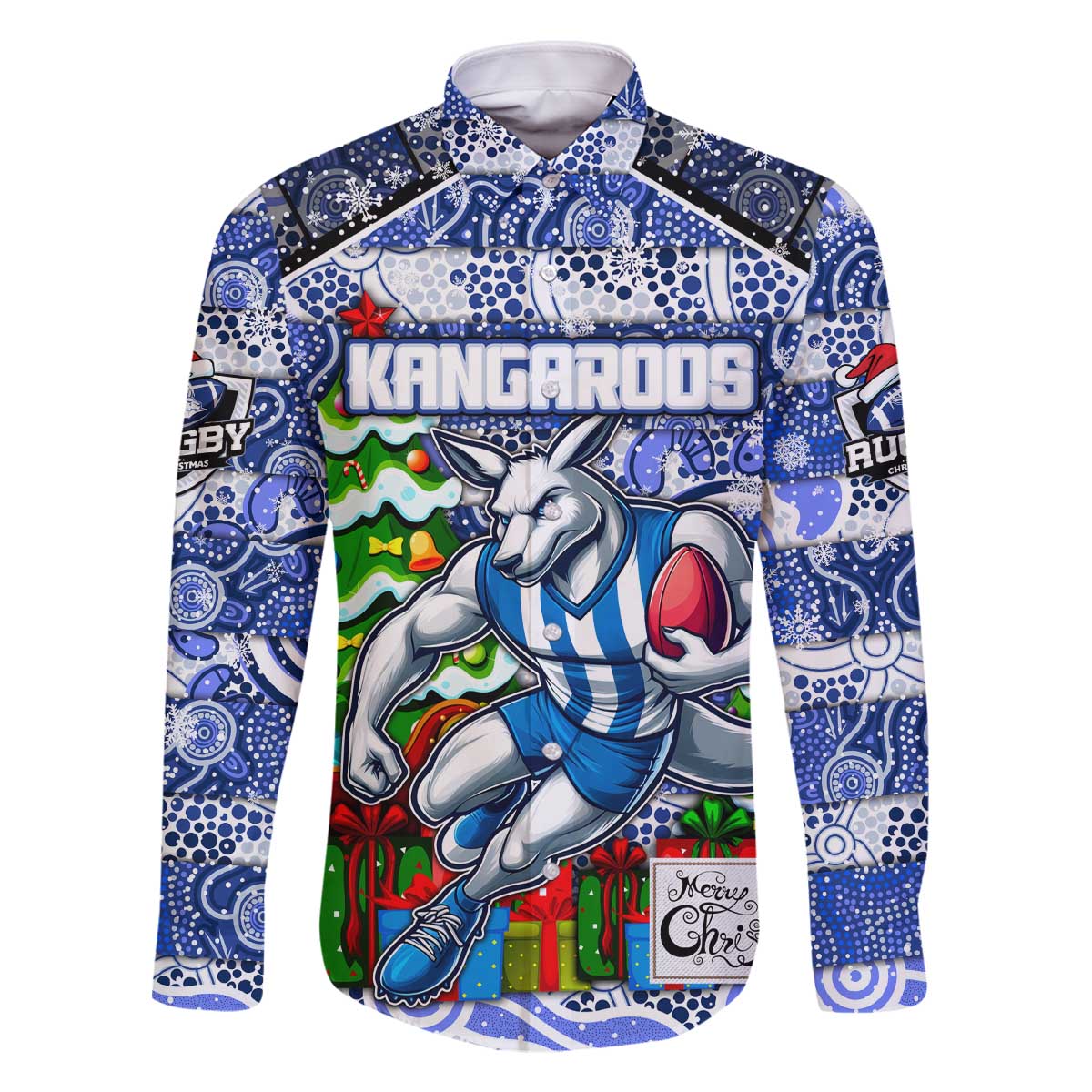Custom Kangaroos Rugby Merry Christmas Family Matching Off The Shoulder Long Sleeve Dress and Hawaiian Shirt Indigenous Australian Art