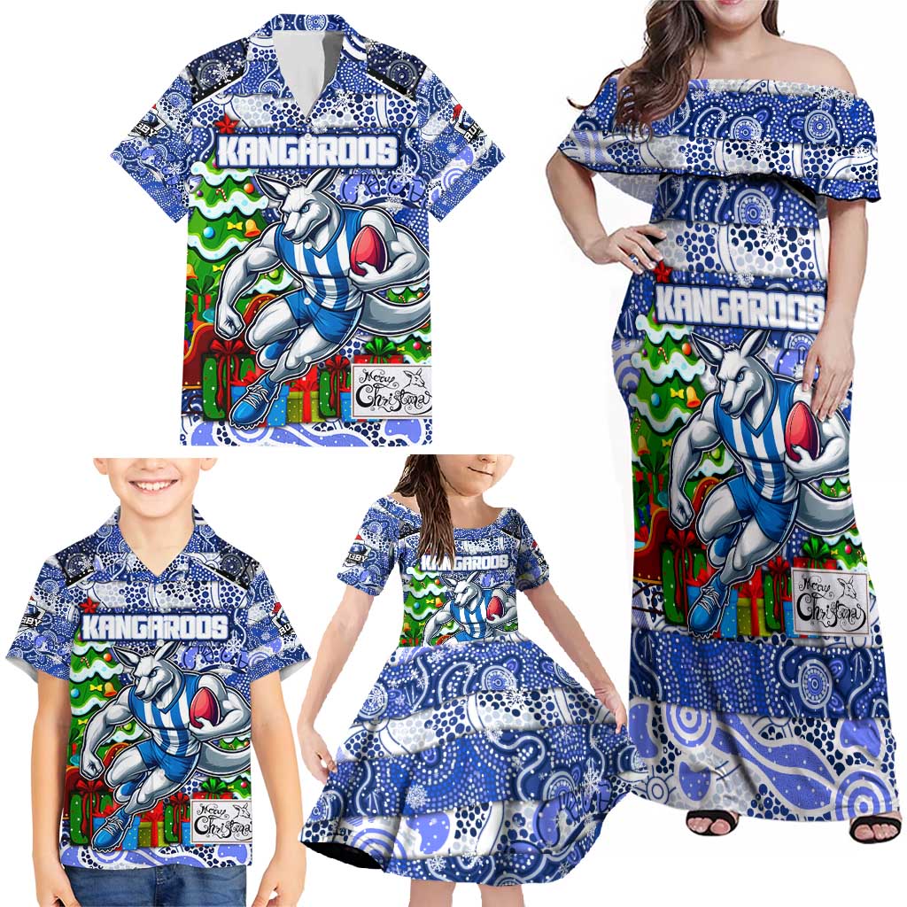 Custom Kangaroos Rugby Merry Christmas Family Matching Off Shoulder Maxi Dress and Hawaiian Shirt Indigenous Australian Art