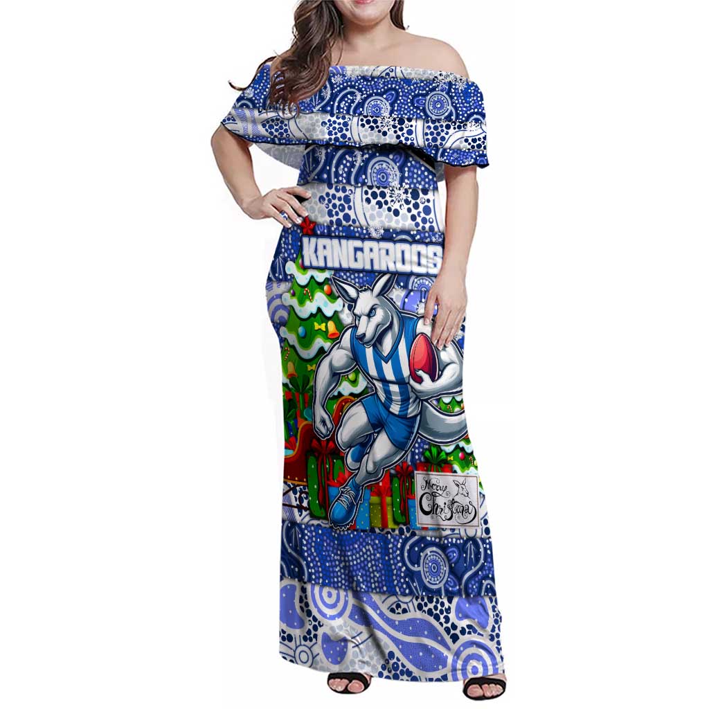 Custom Kangaroos Rugby Merry Christmas Family Matching Off Shoulder Maxi Dress and Hawaiian Shirt Indigenous Australian Art