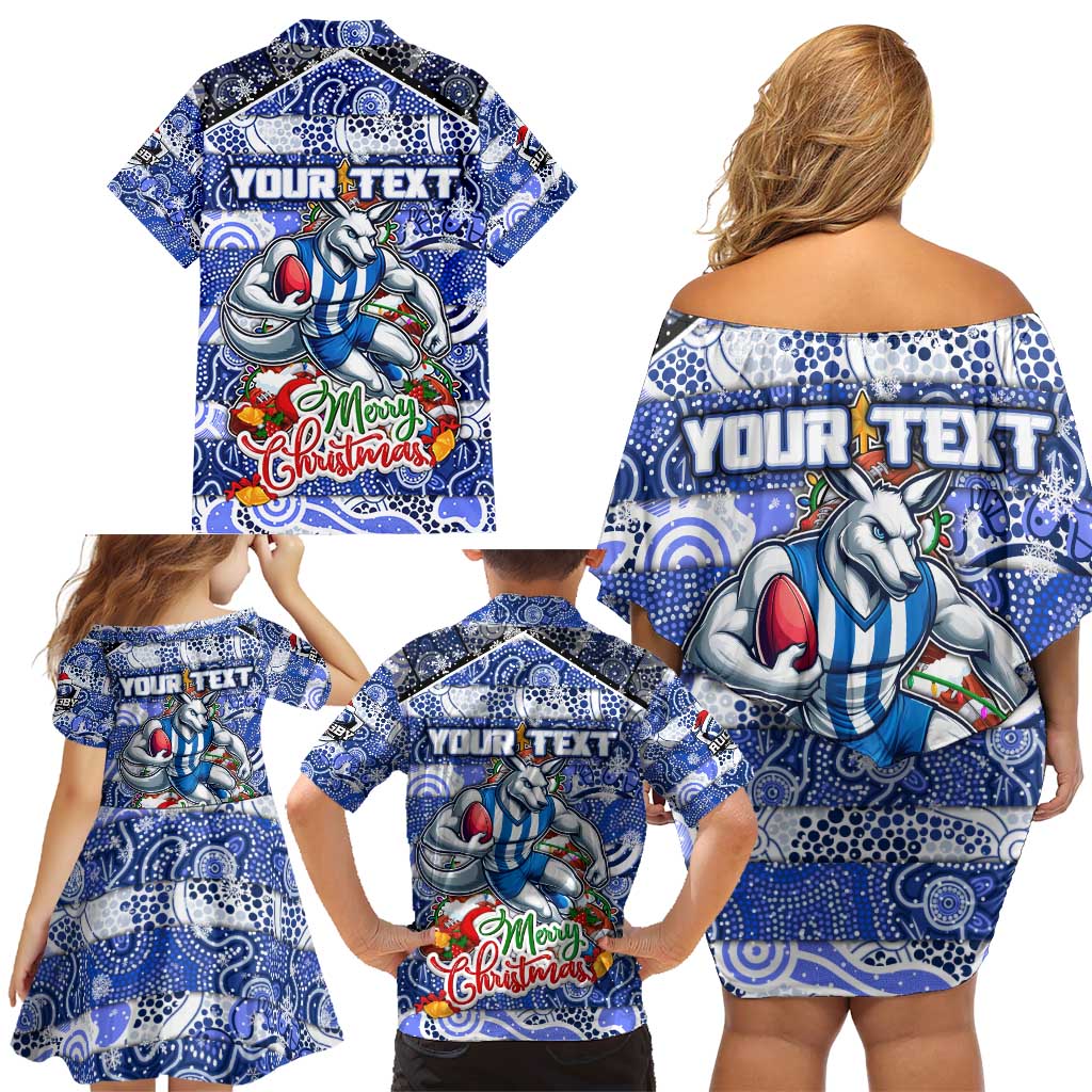 Custom Kangaroos Rugby Merry Christmas Family Matching Off Shoulder Short Dress and Hawaiian Shirt Indigenous Australian Art