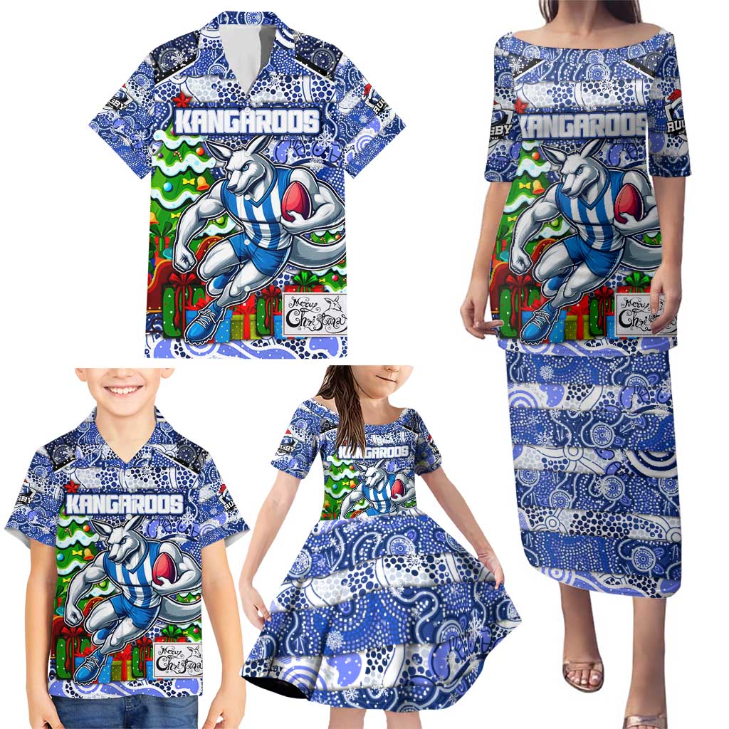 Custom Kangaroos Rugby Merry Christmas Family Matching Puletasi and Hawaiian Shirt Indigenous Australian Art