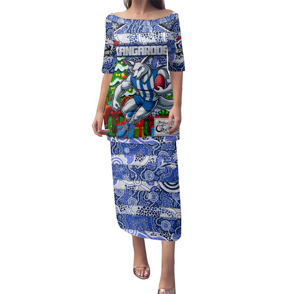 Custom Kangaroos Rugby Merry Christmas Family Matching Puletasi and Hawaiian Shirt Indigenous Australian Art