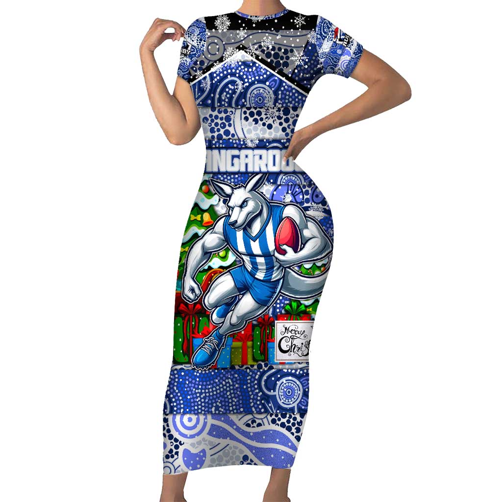 Custom Kangaroos Rugby Merry Christmas Family Matching Short Sleeve Bodycon Dress and Hawaiian Shirt Indigenous Australian Art
