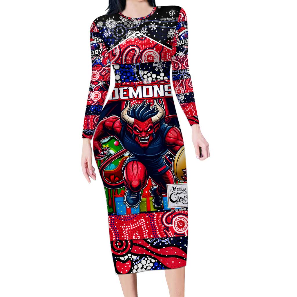 Custom Demons Rugby Merry Christmas Family Matching Long Sleeve Bodycon Dress and Hawaiian Shirt Indigenous Australian Art