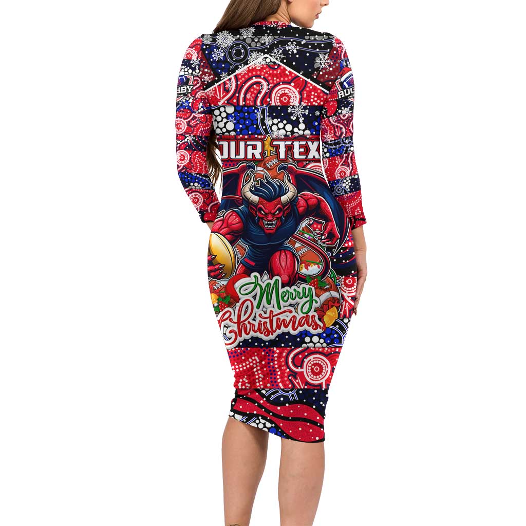 Custom Demons Rugby Merry Christmas Family Matching Long Sleeve Bodycon Dress and Hawaiian Shirt Indigenous Australian Art