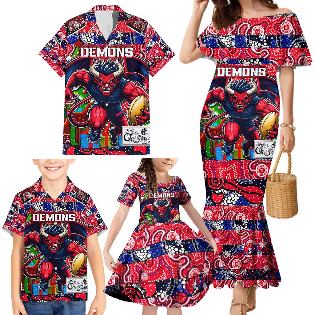 Custom Demons Rugby Merry Christmas Family Matching Mermaid Dress and Hawaiian Shirt Indigenous Australian Art