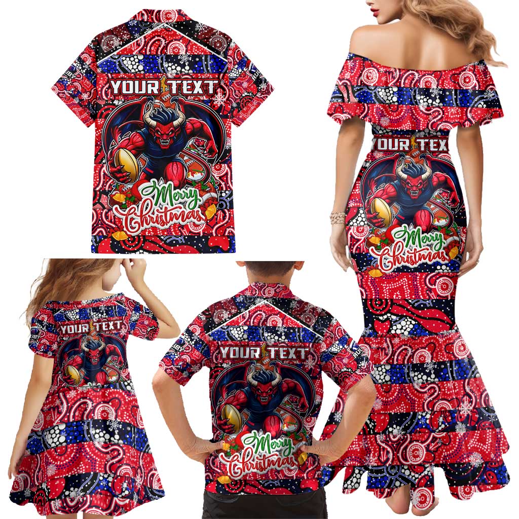 Custom Demons Rugby Merry Christmas Family Matching Mermaid Dress and Hawaiian Shirt Indigenous Australian Art