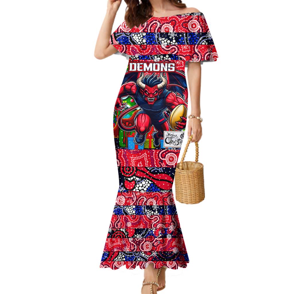 Custom Demons Rugby Merry Christmas Family Matching Mermaid Dress and Hawaiian Shirt Indigenous Australian Art