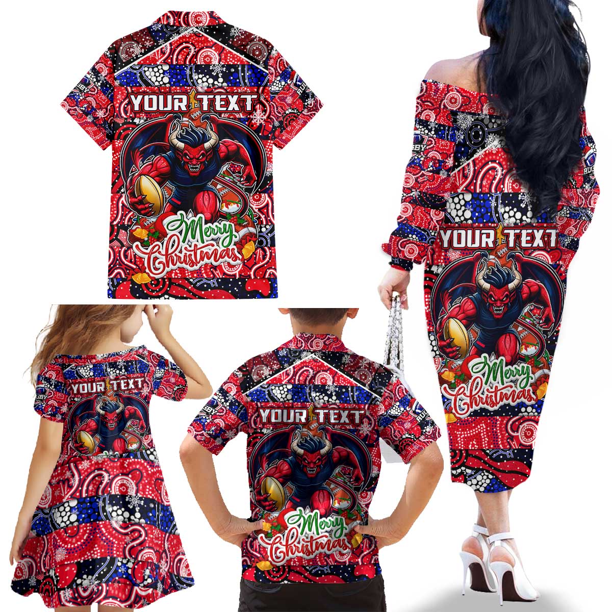 Custom Demons Rugby Merry Christmas Family Matching Off The Shoulder Long Sleeve Dress and Hawaiian Shirt Indigenous Australian Art