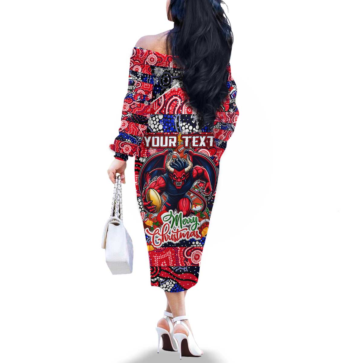 Custom Demons Rugby Merry Christmas Family Matching Off The Shoulder Long Sleeve Dress and Hawaiian Shirt Indigenous Australian Art