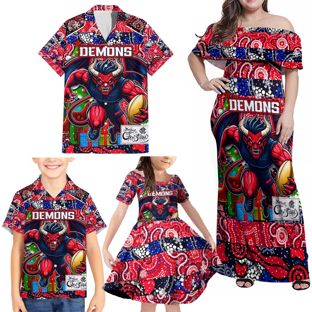 Custom Demons Rugby Merry Christmas Family Matching Off Shoulder Maxi Dress and Hawaiian Shirt Indigenous Australian Art