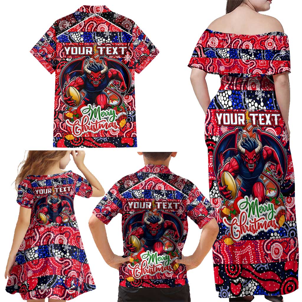 Custom Demons Rugby Merry Christmas Family Matching Off Shoulder Maxi Dress and Hawaiian Shirt Indigenous Australian Art