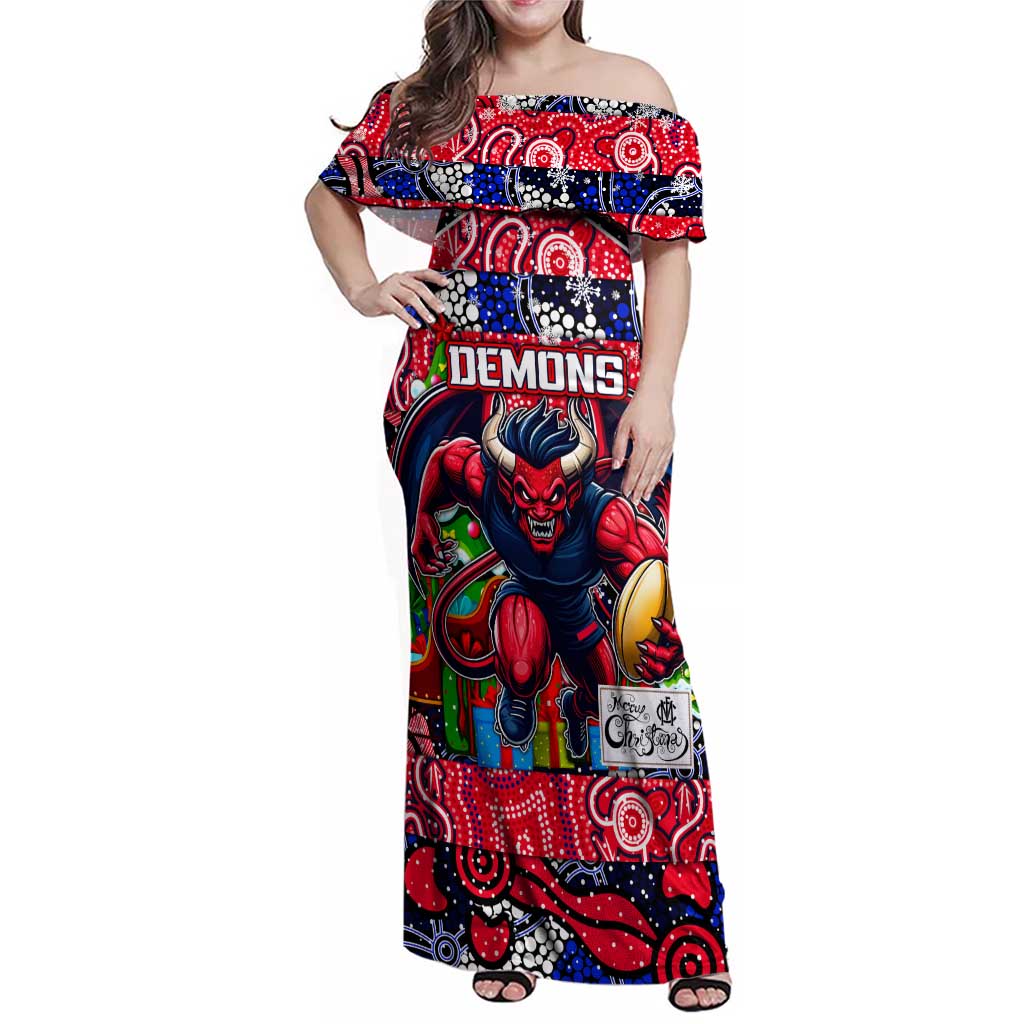 Custom Demons Rugby Merry Christmas Family Matching Off Shoulder Maxi Dress and Hawaiian Shirt Indigenous Australian Art