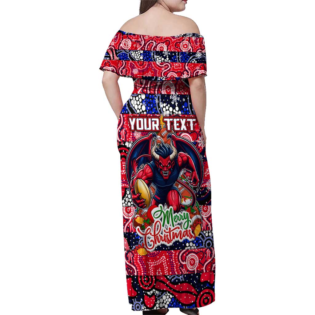 Custom Demons Rugby Merry Christmas Family Matching Off Shoulder Maxi Dress and Hawaiian Shirt Indigenous Australian Art