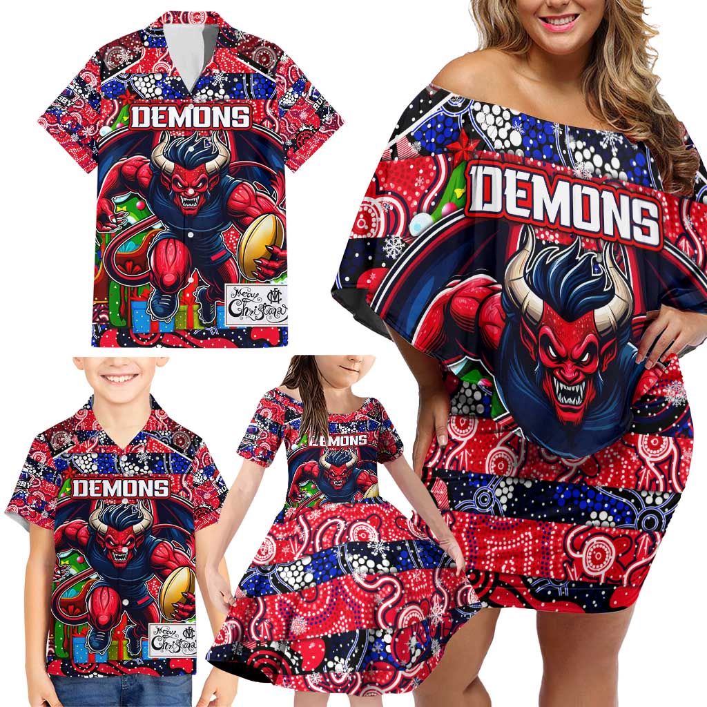 Custom Demons Rugby Merry Christmas Family Matching Off Shoulder Short Dress and Hawaiian Shirt Indigenous Australian Art