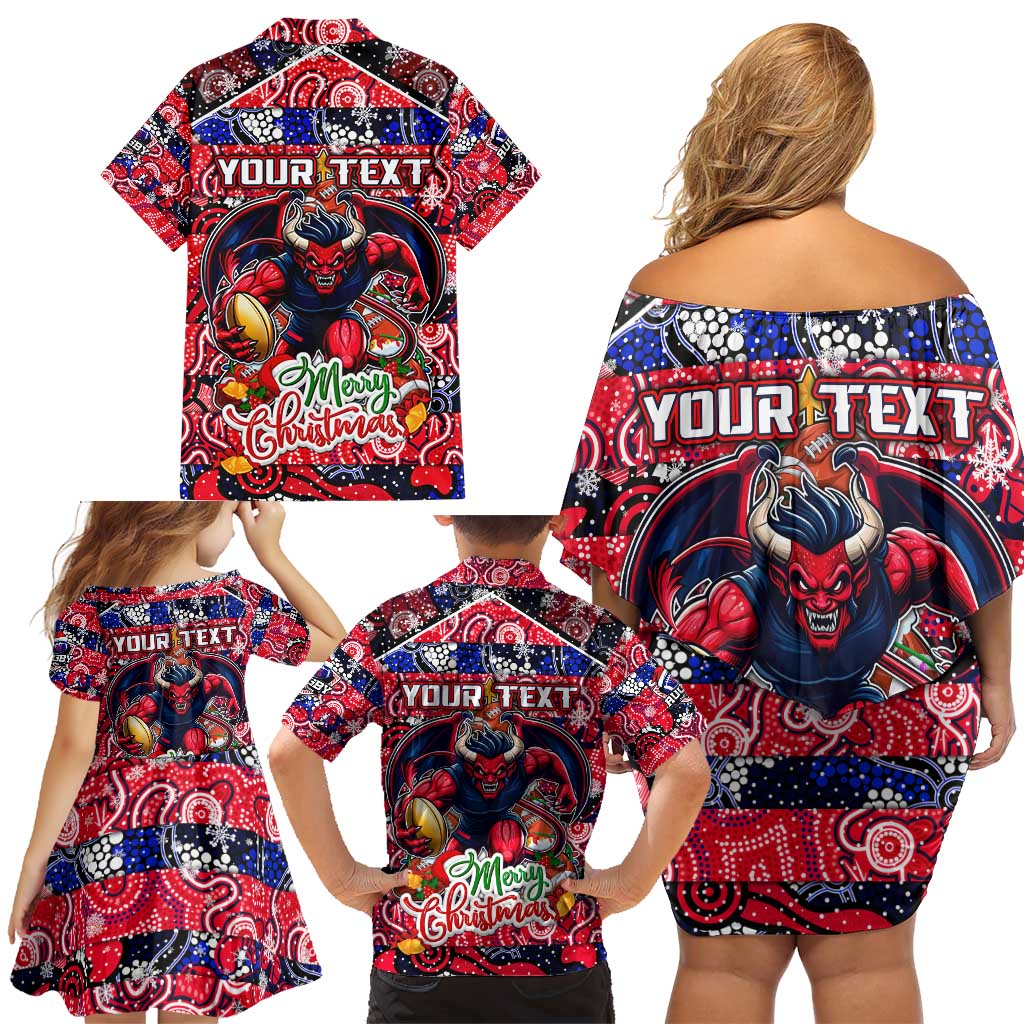 Custom Demons Rugby Merry Christmas Family Matching Off Shoulder Short Dress and Hawaiian Shirt Indigenous Australian Art