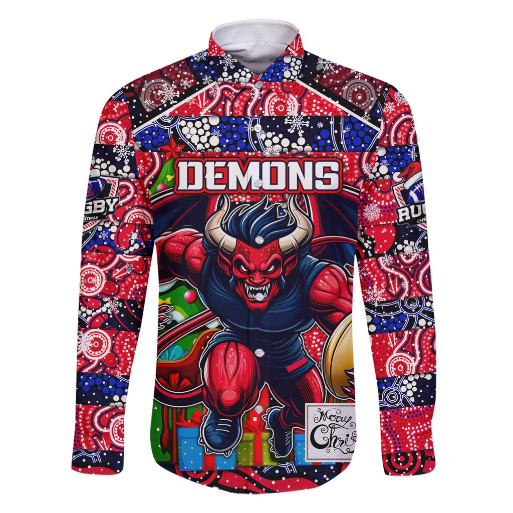Custom Demons Rugby Merry Christmas Family Matching Off Shoulder Short Dress and Hawaiian Shirt Indigenous Australian Art