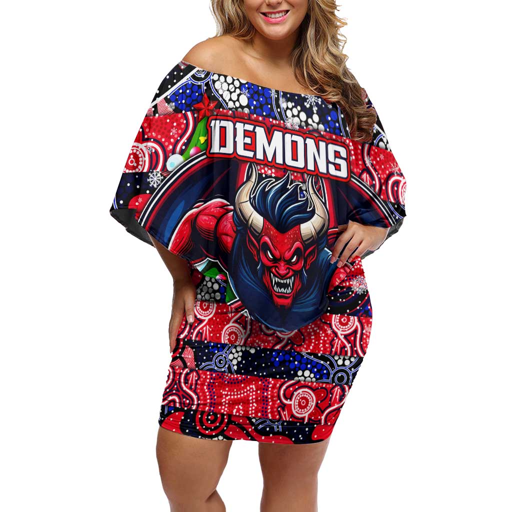 Custom Demons Rugby Merry Christmas Family Matching Off Shoulder Short Dress and Hawaiian Shirt Indigenous Australian Art