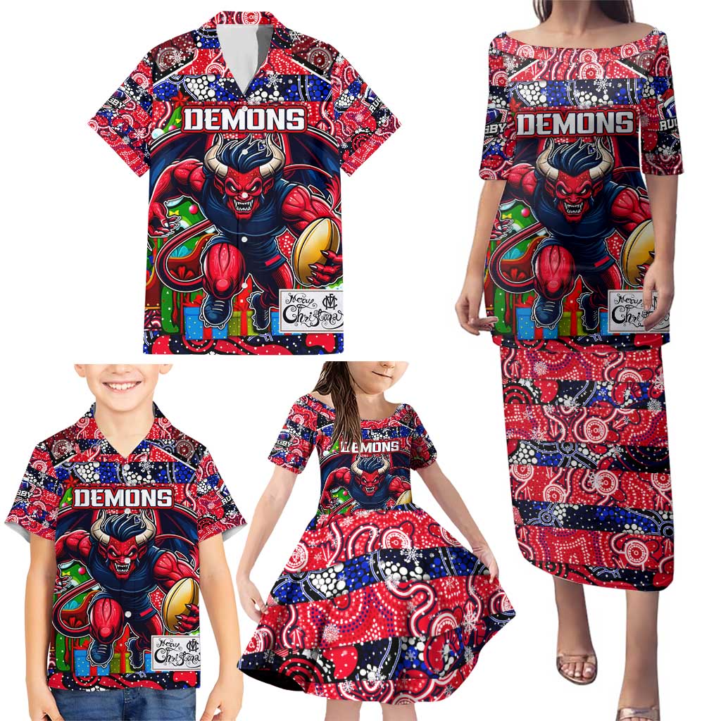Custom Demons Rugby Merry Christmas Family Matching Puletasi and Hawaiian Shirt Indigenous Australian Art