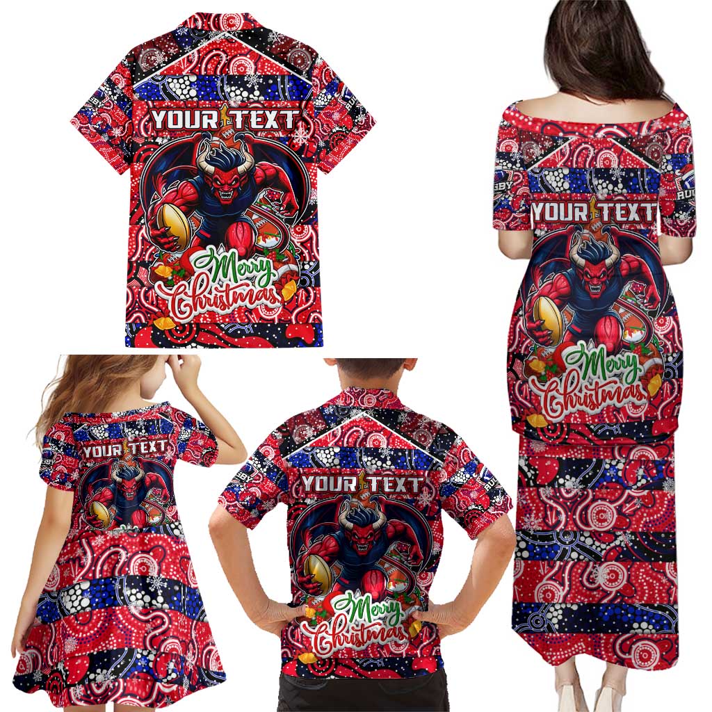 Custom Demons Rugby Merry Christmas Family Matching Puletasi and Hawaiian Shirt Indigenous Australian Art