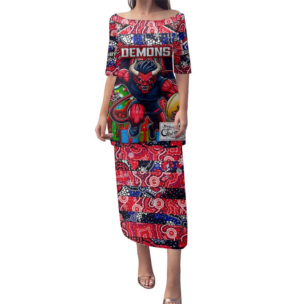 Custom Demons Rugby Merry Christmas Family Matching Puletasi and Hawaiian Shirt Indigenous Australian Art