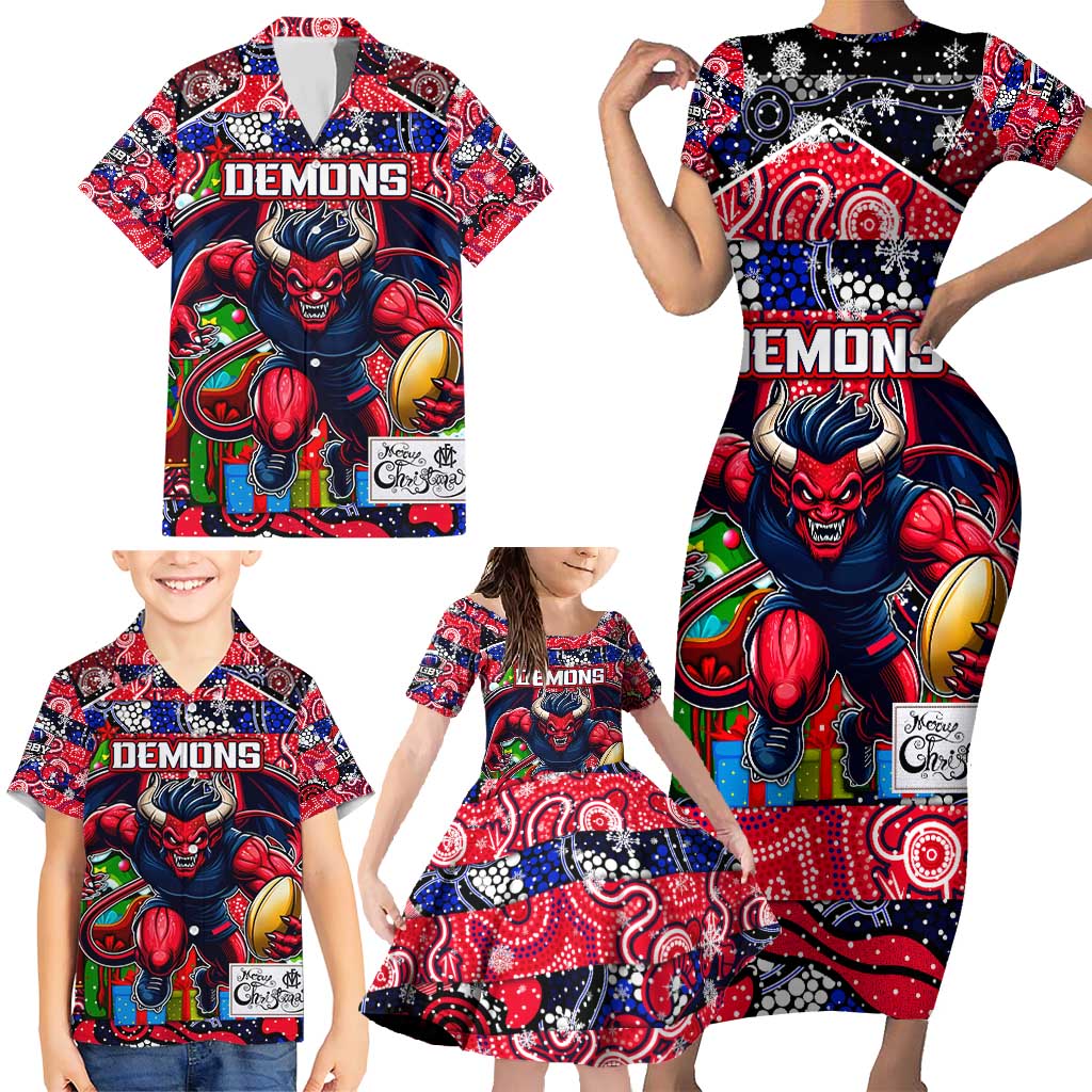 Custom Demons Rugby Merry Christmas Family Matching Short Sleeve Bodycon Dress and Hawaiian Shirt Indigenous Australian Art