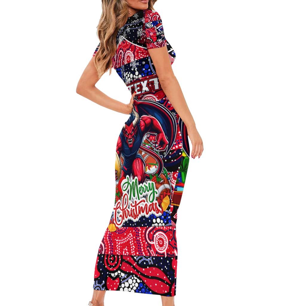 Custom Demons Rugby Merry Christmas Family Matching Short Sleeve Bodycon Dress and Hawaiian Shirt Indigenous Australian Art