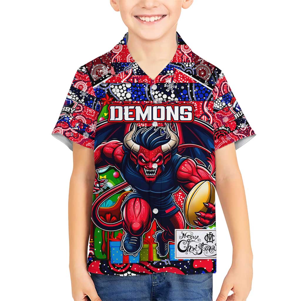 Custom Demons Rugby Merry Christmas Family Matching Short Sleeve Bodycon Dress and Hawaiian Shirt Indigenous Australian Art